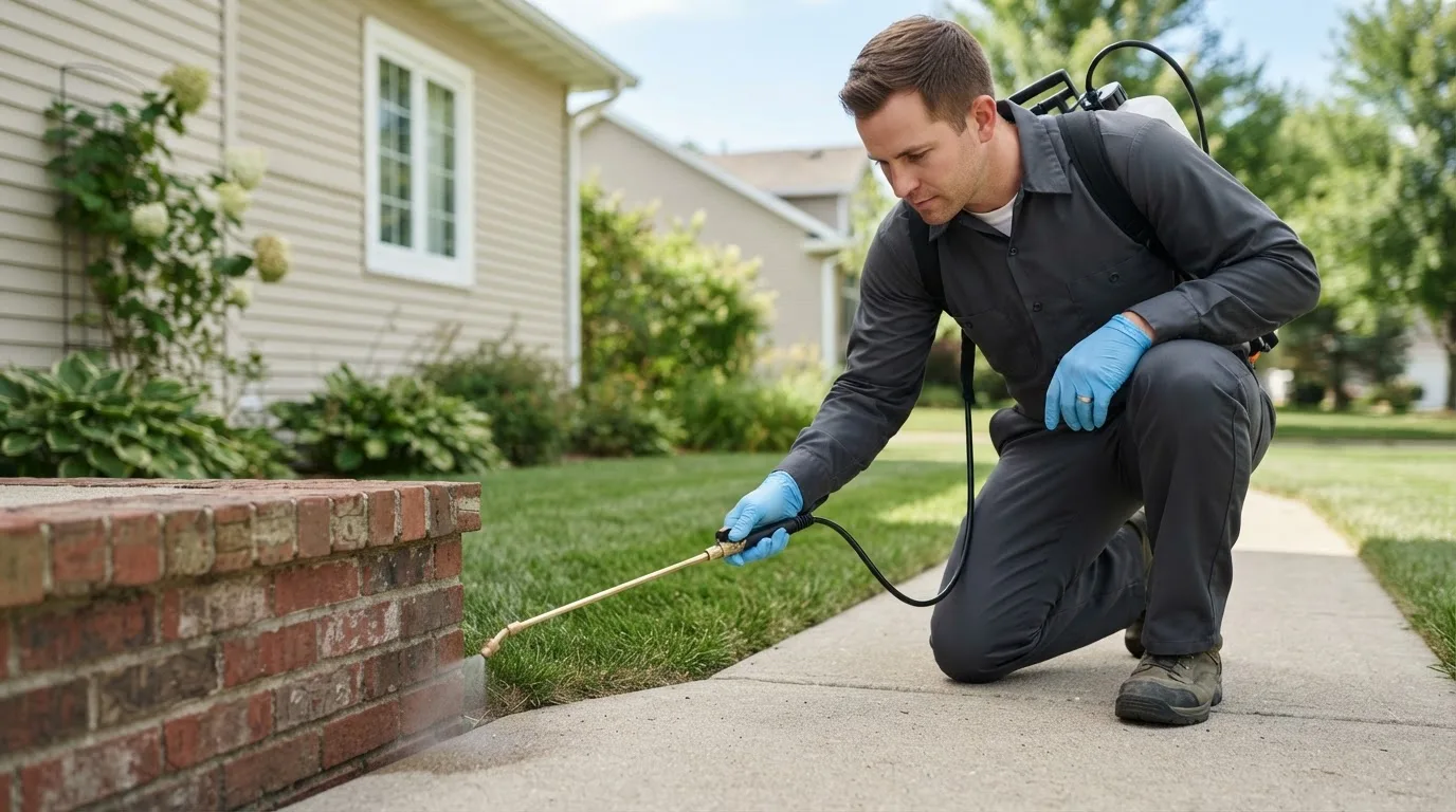 Pest control technician treating a home near Pomfret, CT
