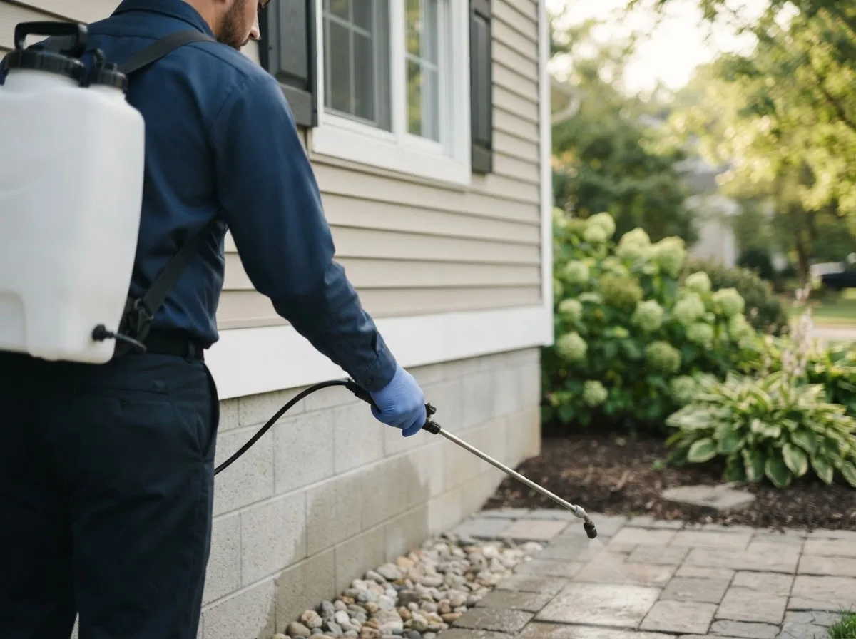 Pest control technician inspecting a home in Pomfret, CT